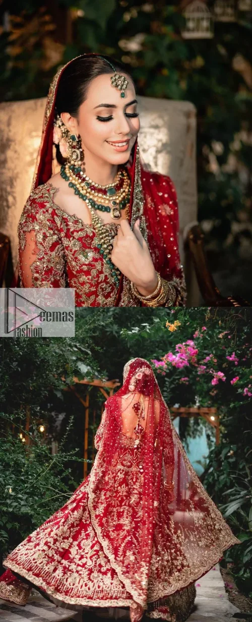 Classic deep red canvas with a bold twist of the pattern!  Bridal choli in the deep red shade is a