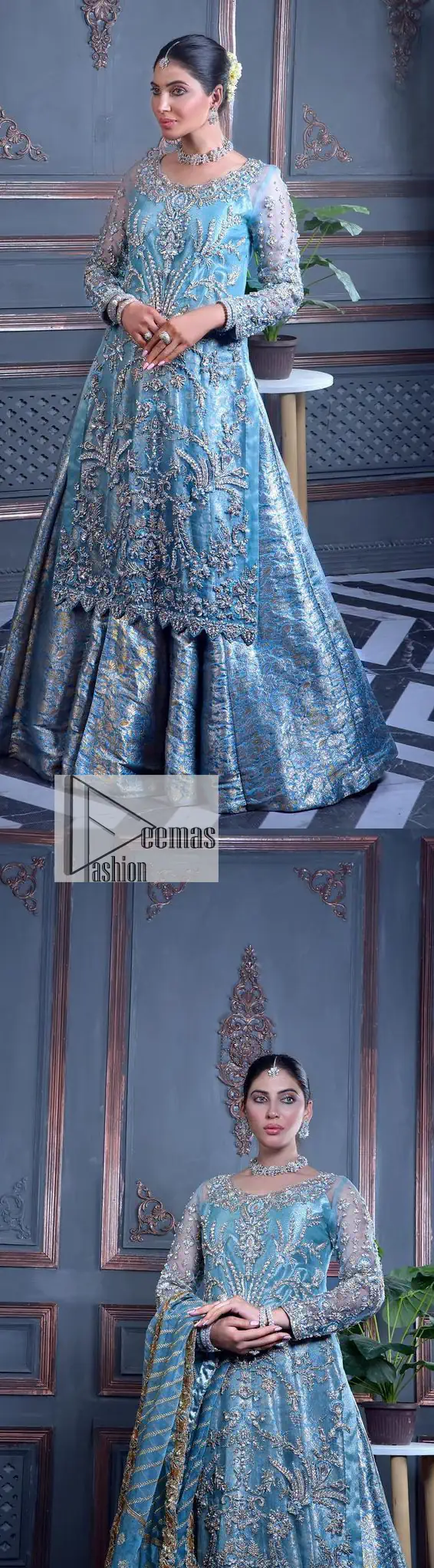 Serving looks we love. DeemasFashion presents this party outfit in sky blue colour which is adorned with silver embroidery and further prominent with tilla, dabka, kora, Kundan, Zardozi and the real magic of crystals. The round neckline looks like a complete diva since it is so opulent and vibrant. Further, the full sleeves make this masterpiece lovely and charming. It is organized with lehenga made with pure jamawar which speaks for itself. Complete this outfit with a dupatta framed with four-sided borders that have been carefully added for the additional finishing touch.