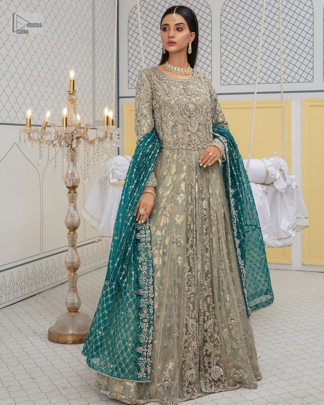 Soft Green Front Open Maxi - Teal Green Dupatta As Nikah Wear