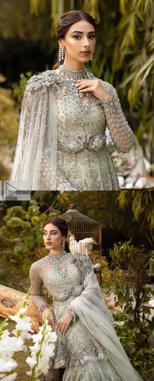 Elevate your elegance with our exquisite Soft green Nikah outfit, meticulously crafted for your special day. This enchanting ensemble features