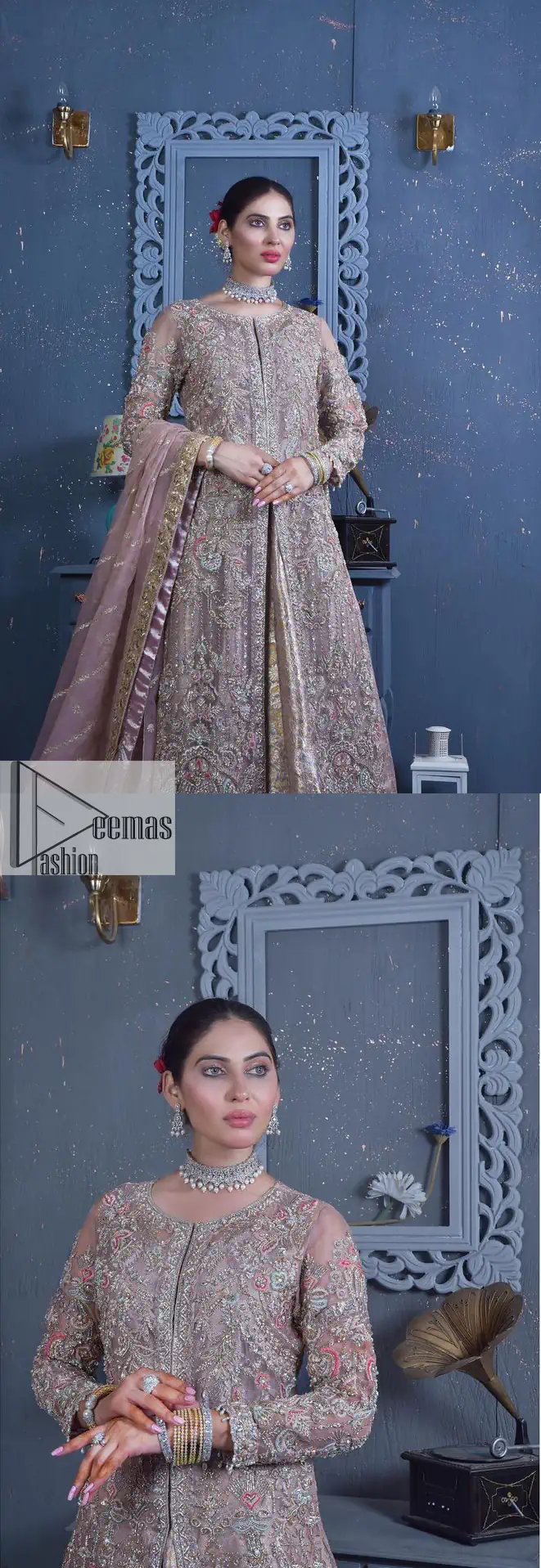 Get cosy in a tea rose nikah outfit. DeemasFashion presents this tea rose front open gown which is heavily embroidered in multiple colours and then further enhanced with the heavy embellishment of tilla, dabka, kora, Kundan and Zardozi making it a perfect fit for brides. The stones touch-up on the round neckline increases the look of the beautiful gown. Furthermore, the full sleeves style of the following gown makes this masterpiece stunning and stylish. It is paired up with flared lehenga in the same colour to balance the overall look of this magnificent attire. Finish this with a dupatta having four-sided borders that gives an everlasting impact on the bride.