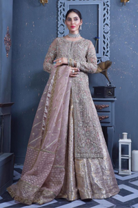 Get cosy in a tea rose nikah outfit. DeemasFashion presents this tea rose front open gown which is heavily embroidered in multiple colours and then further enhanced with the heavy embellishment of tilla, dabka, kora, Kundan and Zardozi making it a perfect fit for brides. The stones touch-up on the round neckline increases the look of the beautiful gown. Furthermore, the full sleeves style of the following gown makes this masterpiece stunning and stylish. It is paired up with flared lehenga in the same colour to balance the overall look of this magnificent attire. Finish this with a dupatta having four-sided borders that gives an everlasting impact on the bride.