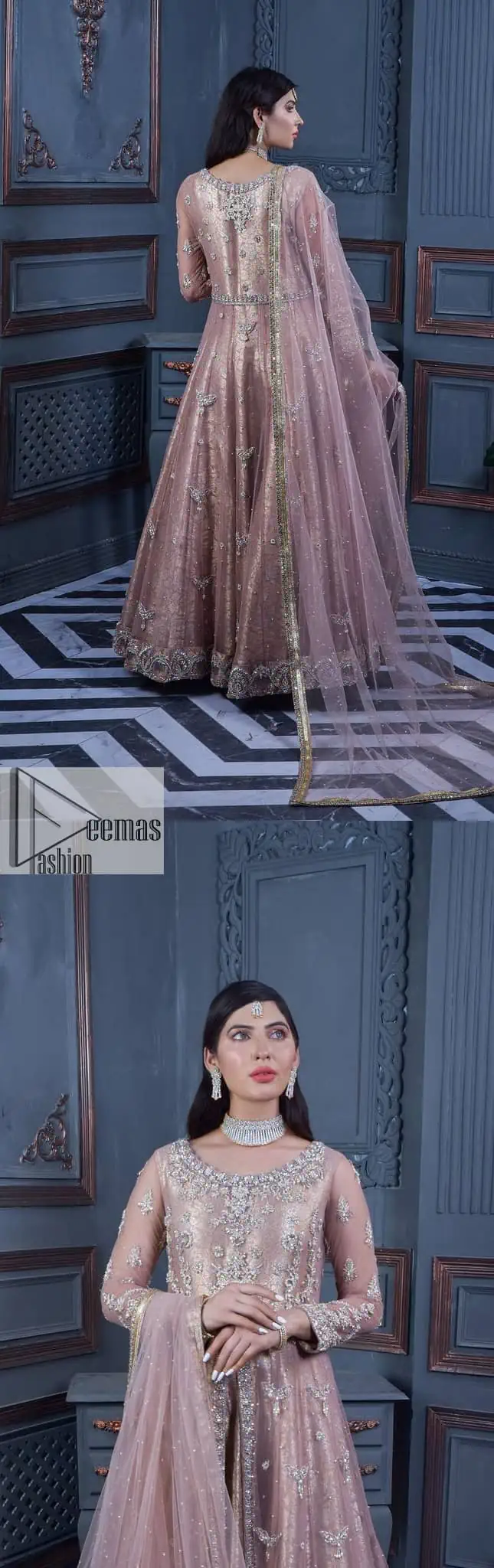 Have style and warmth with this tea rose nikah outfit! The front open maxi is the magic of floral motifs with engaging embellishments on the jamawar fabric, making this an eye-catching ensemble. The following maxi is adorned with tilla, dabka, Kora, Kundan and the real magic of Zardozi. The timeless silhouette is crafted, with floral motifs. The silver embellishments give a glamorous touch to this exquisite attire. In addition to this, the full sleeves are also decorated with floral motifs to make this article bright and charming. The round neckline also adds beauty to the overall look. Finish this article with a dupatta adorned with a four-sided borders and sequins sprayed all over for a perfect and classy look.