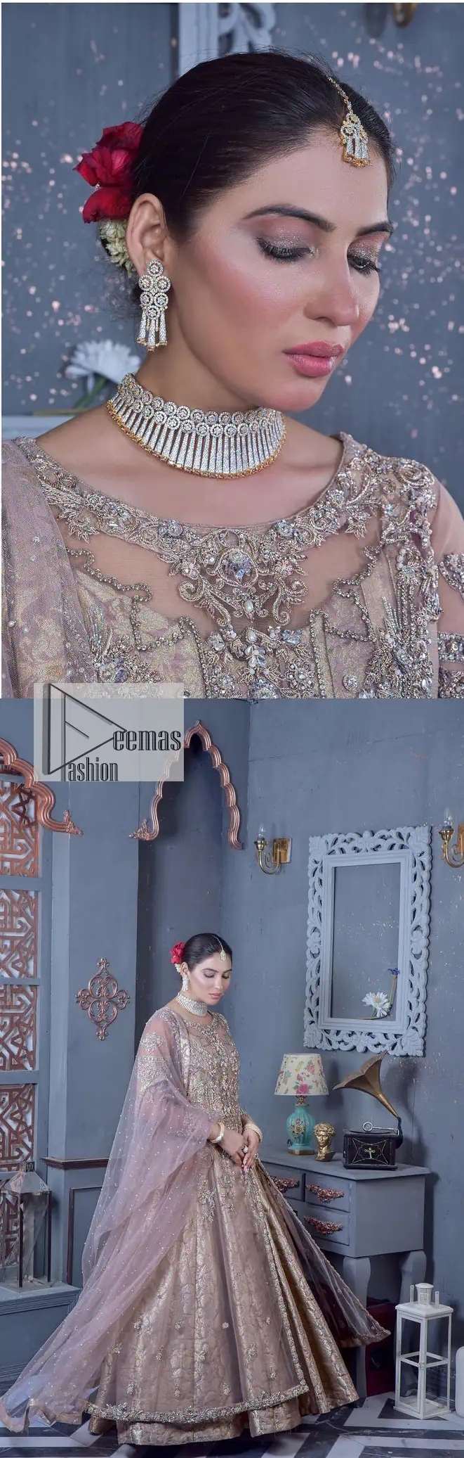 Create warm memories with this super soft and enticing tea rose nikah outfit. The vibrant shade of this maxi makes it an alluring choice for the bride. Hand-crafted adornments and designs which involve tilla, dabka, kora, Kundan and Zardozi make this attire an epitome of beauty and royalty. The round neckline of the following maxi is enhanced with silver and golden embroidery. Further, the sleeves are adorned with floral motifs to highlight the charms. The elaborately detailed border and sequin spray on the organza dupatta makes the costume ideal for your bug day.