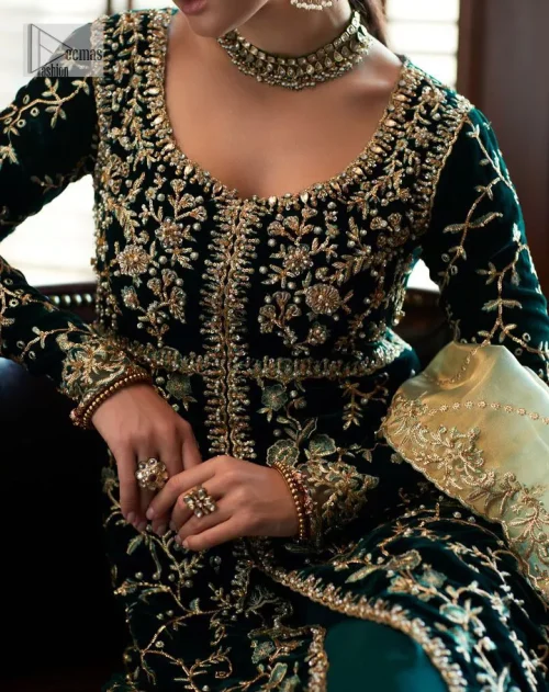 Outfits that define you. DeemasFashion presents the party wear in deep green colour which is adorned with light golden embroidery.