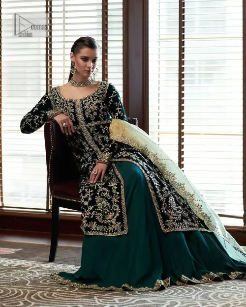 Outfits that define you. DeemasFashion presents the party wear in deep green colour which is adorned with light golden embroidery.