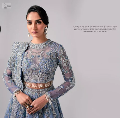 Stay blue and look your best! A sky blue lehenga choli is hand embellished with floral patterns and botanical motifs.