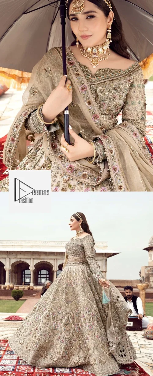 The beautiful floral patterns of this walima wear for versatile you! The?blouse is intricately emblazoned with multiple colour embellishments. Beautiful