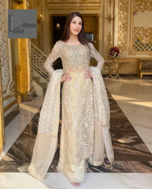 Bringing in the Nikah spirit with some flowers. Exquisite nikkah long shirt dress in pale green colour with silver pearl,