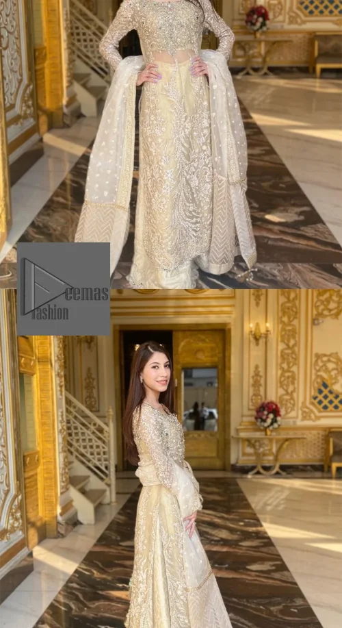 Bringing in the Nikah spirit with some flowers. Exquisite nikkah long shirt dress in pale green colour with silver pearl,