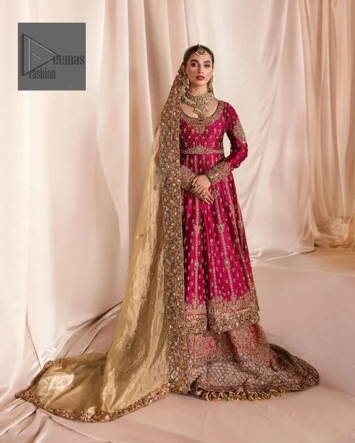 Be a dreamy vision in this reception wear. The beautiful frock in the shocking pink shade is embellished with intricate