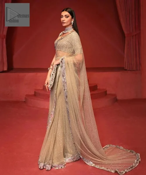 The following blouse is beautifully decorated with silver embroidery and enhanced with tilla, dabka, kora, Kundan, and the real magic