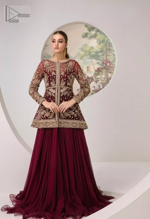 You are introducing our Maroon Party dress, a true embodiment of purity and simplicity for your special ceremony. This elegant
