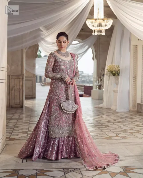 Violet Scalloped Long Shirt Silky Tea Rose Lehenga