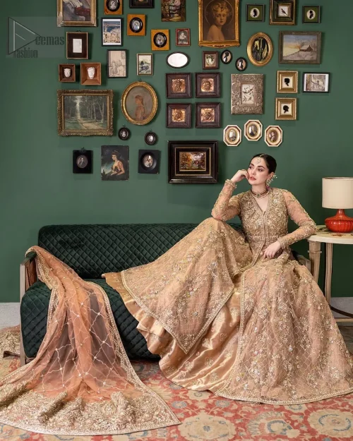 Crafted with dull golden and antique shades of embroidery which involves tilla, dabka, kora , Kundan and the real magic