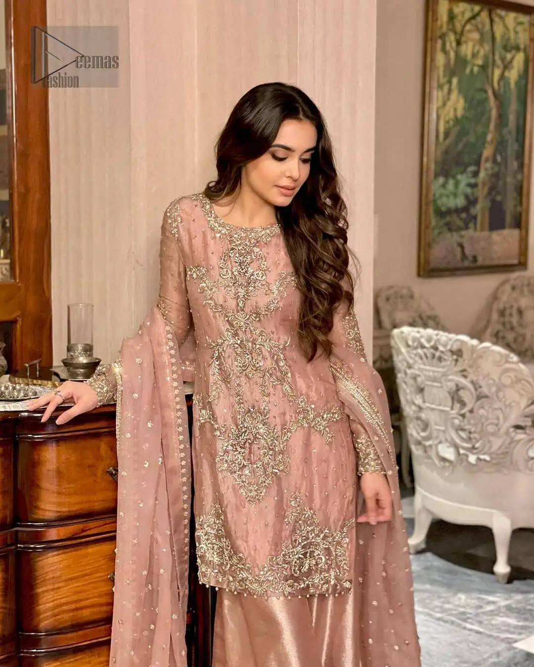it is organized with border embellished sharara that gives you grace as you exchange your vows. The classic dupatta in the same color symbolizes the essence of the Nikah