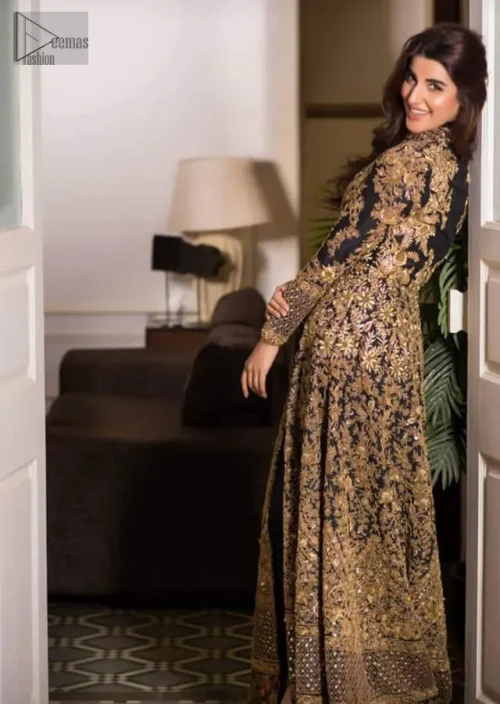 The collar neck and front open design adds a modern twist, while the full sleeves and long length exude classic