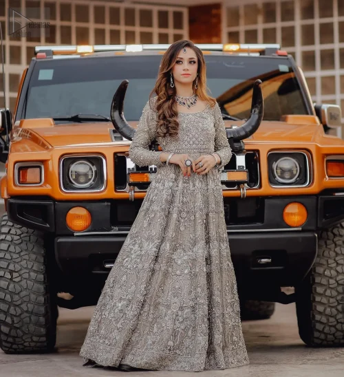 The Fawn Back Train Maxi Dupatta envelops you in sheer luxury and grace, creating a celestial aura for your Nikah