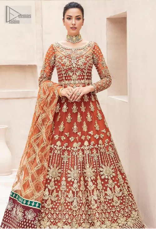 Rust Full Length Pishwas Lehenga Mehndi Bride