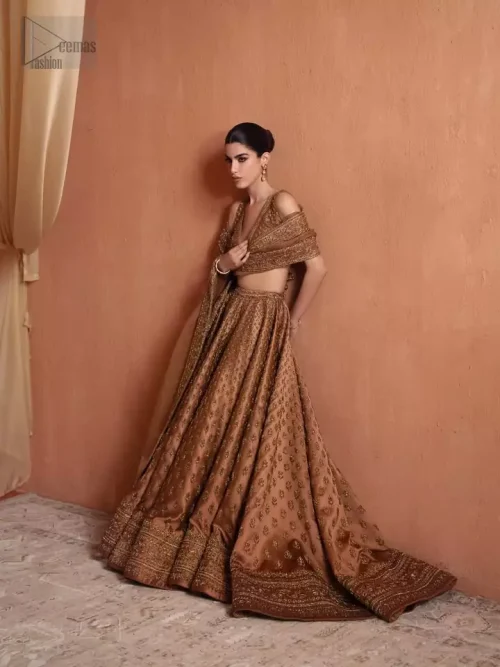 Full-length view of the Bronze Blouse Back Train Lehenga in pure silk, a perfect choice for a grand Walima reception.