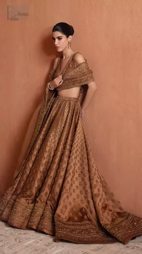 Dupatta Borders: Four-sided embellished borders of the bronze organza dupatta, showcasing light golden and Boski shades.