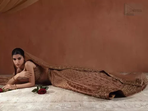 Full Bridal Look: Model wearing the Bronze Blouse Back Train Lehenga, styled for a second-day wedding celebration.