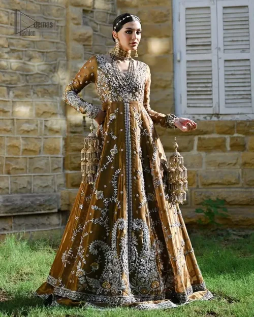 Ethereal copper maxi with soft shimmer and finely embroidered lehenga, modern tradition perfected