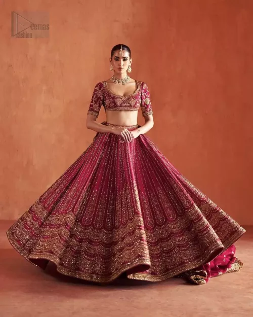 Full Bridal View: Full-length view of the Crimson Short Blouse and Lehenga, a romantic raw silk masterpiece for a grand