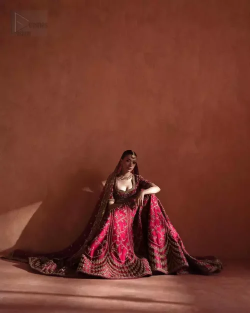 Full Reception Look: Full-length view of the Deep Fuchsia Lehenga and Blouse, a glamorous raw silk ensemble designed for first-day