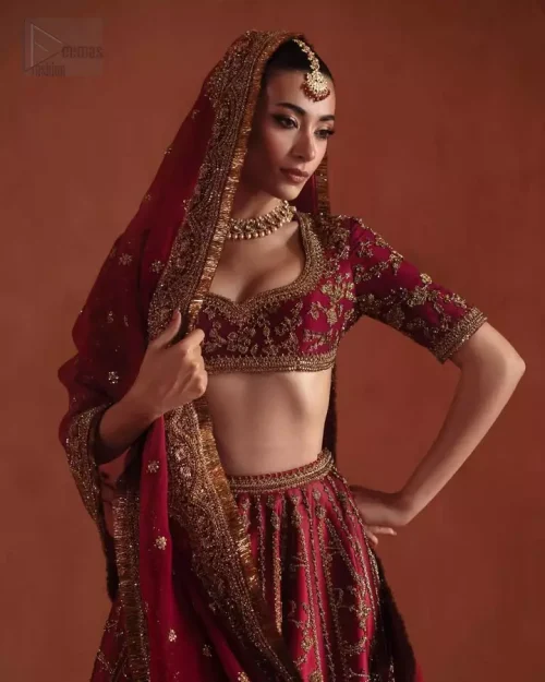 Half Sleeve Craftsmanship: Focus on the half sleeves of the deep fuchsia blouse, adorned with light golden Dabka and antique