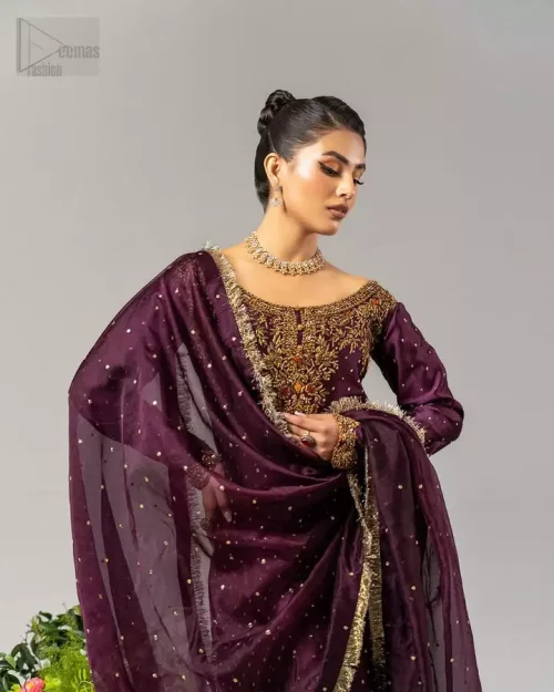 Organza Dupatta Sparkle: The deep plum organza dupatta featuring a scattered sequins spray and traditional four-sided Kiran lace implementation.