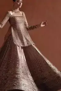 Golden Short Shirt Flared Lehenga Sheer Dupatta