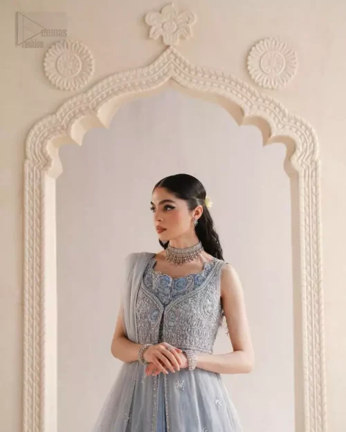 Ice blue front-open gown layered over an ethereal maxi, radiating soft elegance