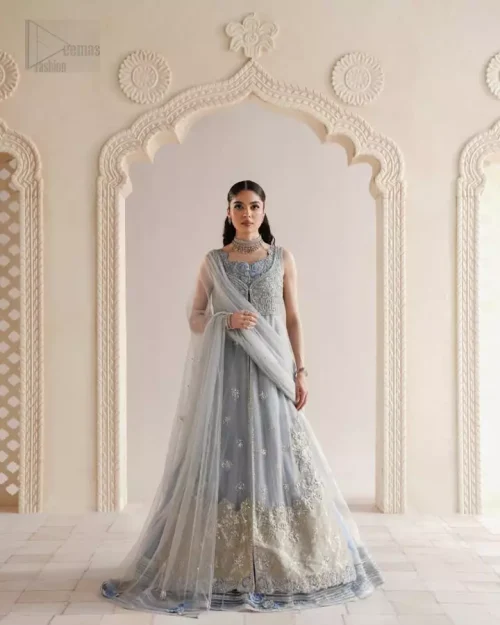 Dreamy ice blue ensemble with flowing gown and delicately embroidered inner maxi