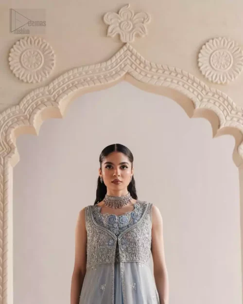 Celestial ice blue gown with pearl appliqué work and a gracefully structured silhouette