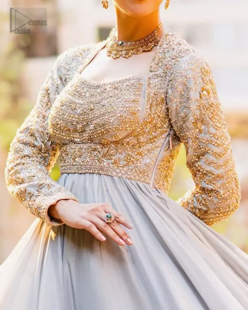 Ice Blue Pishwas Lehenga Dupatta in raw silk with heavily embellished bodice and organza dupatta