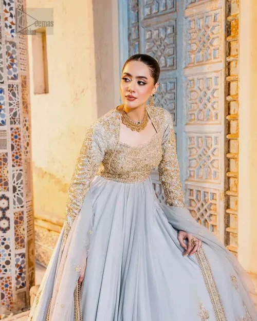 Ice blue raw silk lehenga with side zip closure and refined full sleeve embroidered bodice