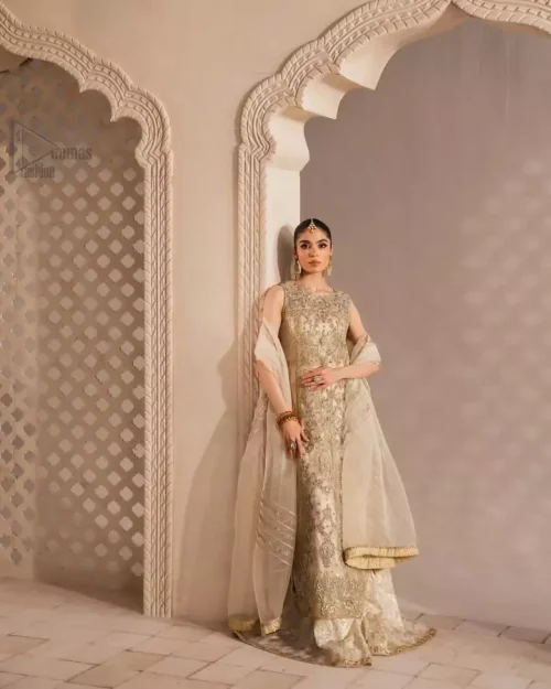 Dreamlike nikkah ensemble with fluid side-open shirt and voluminous sharara in soft ivory tones