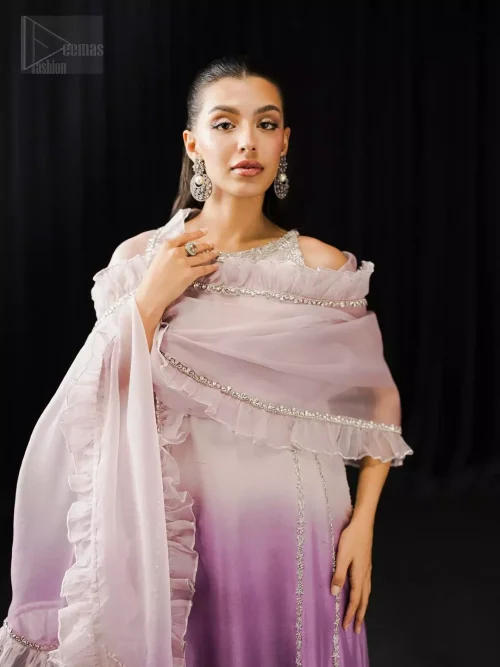 Two-tone lavender and mauve pure silk A-line shirt set featuring sleeveless halterneck cut and straight trousers.