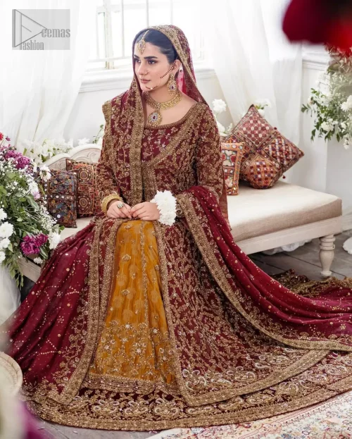 Maroon Front Open Pishwas Mustard Farshi Lehenga