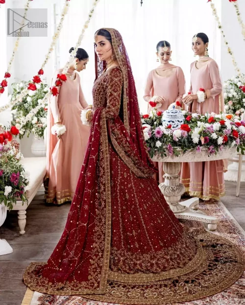 Maroon Front Open Pishwas Mustard Farshi Lehenga