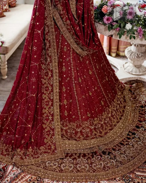 Maroon Front Open Pishwas Mustard Farshi Lehenga