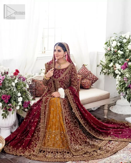 Maroon Front Open Pishwas Mustard Farshi Lehenga
