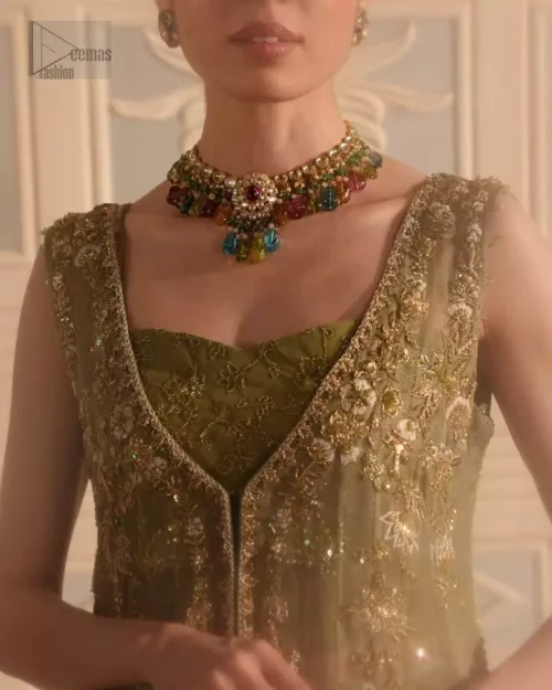 Square neckline framed with intricate antique golden-thread embroidery for a regal focal point.