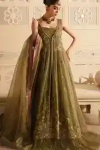 Olive Green Front Open Gown Crushed Lehenga
