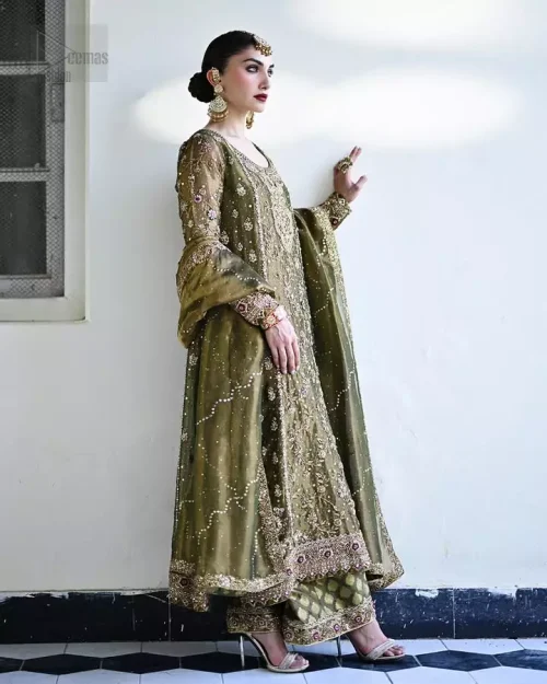 Olive green long shirt with full sleeves and palazzo pants, adorned with elegant silver and gold embroidery on premium jamawar