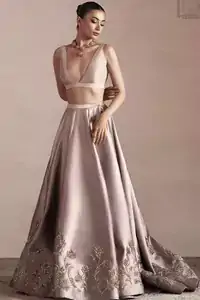 Oyster Pink Blouse Back Train Lehenga Veil