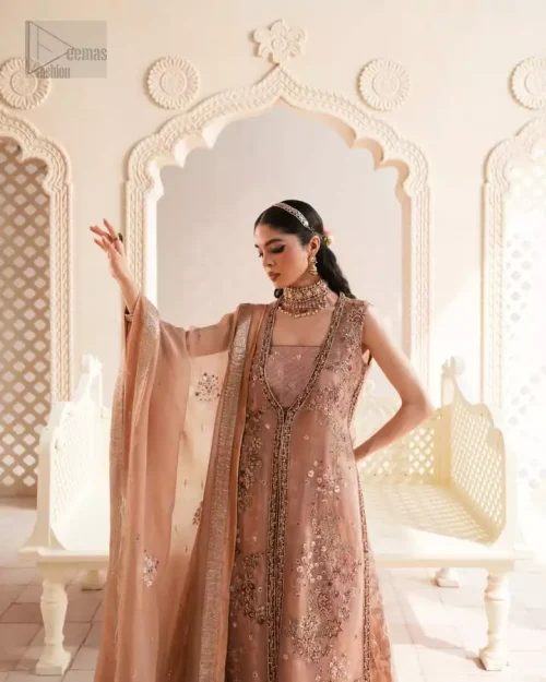 Peach Pink Front Open Jacket Sharara Dupatta