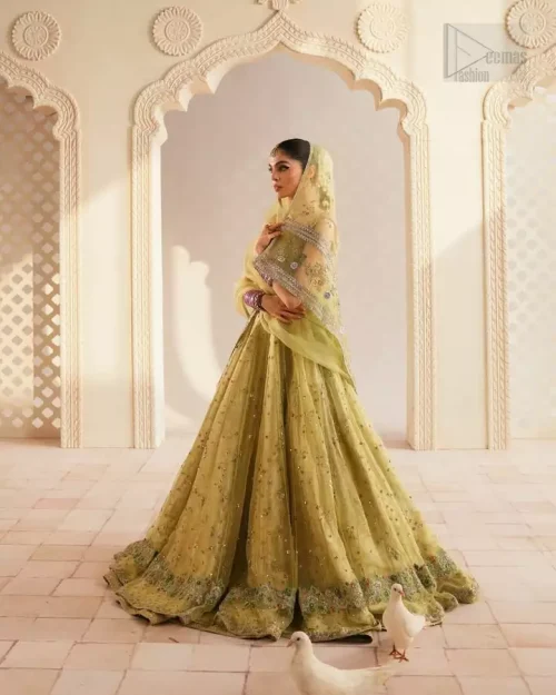 Full Mehndi Ensemble: Full-length view of the Pink Blouse and Lime Green Lehenga, a vibrant and graceful choice for a