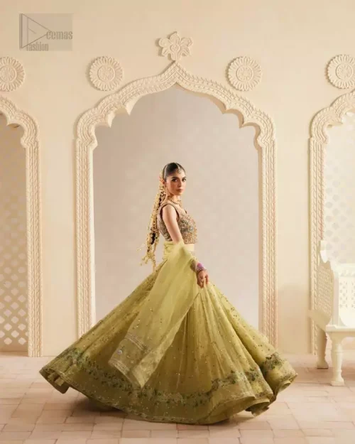 Katan Organza Flare: Wide shot of the lime green lehenga in pure Katan organza, highlighting its majestic flare and youthful